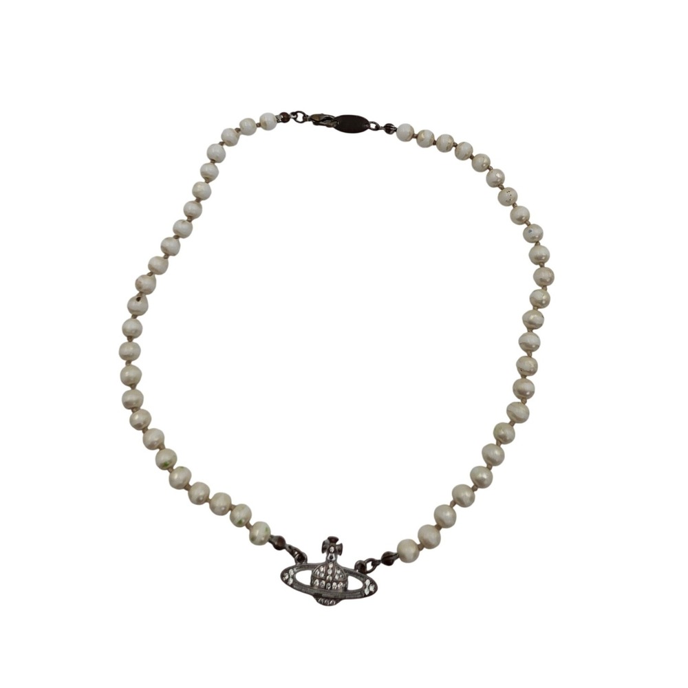 Orjatexin Faux Pearl Saturn Orb Pendant Necklace Silver‎ Tone Crystal Cream 15.5